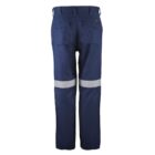 Back view of dark blue work pants with reflective bands on legs.
