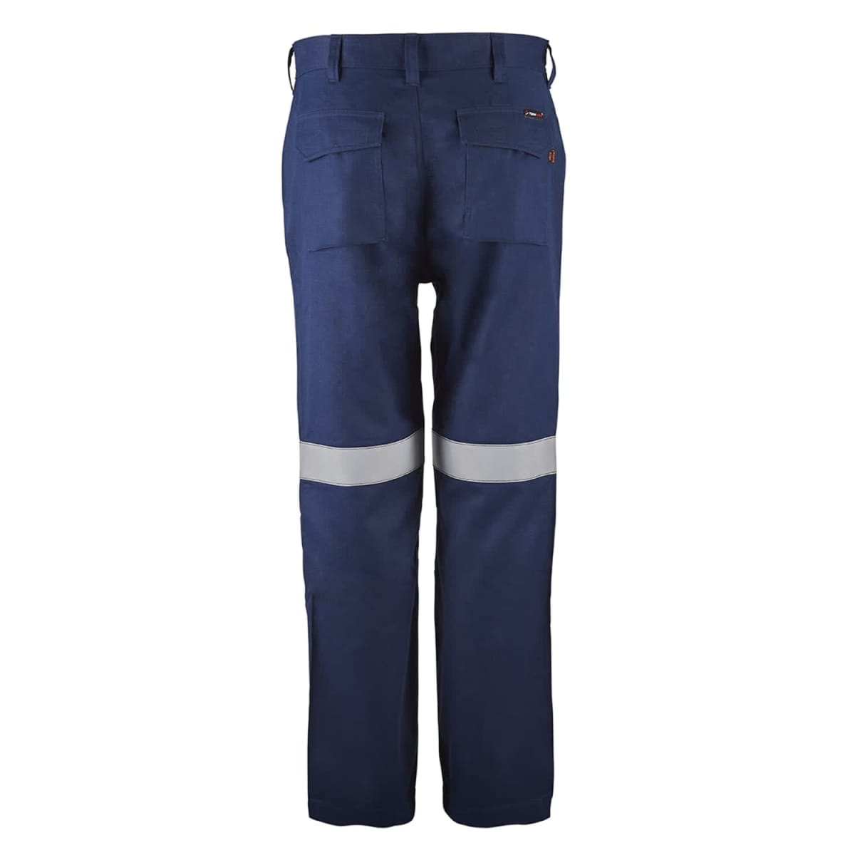 Back view of dark blue work pants with reflective bands on legs.