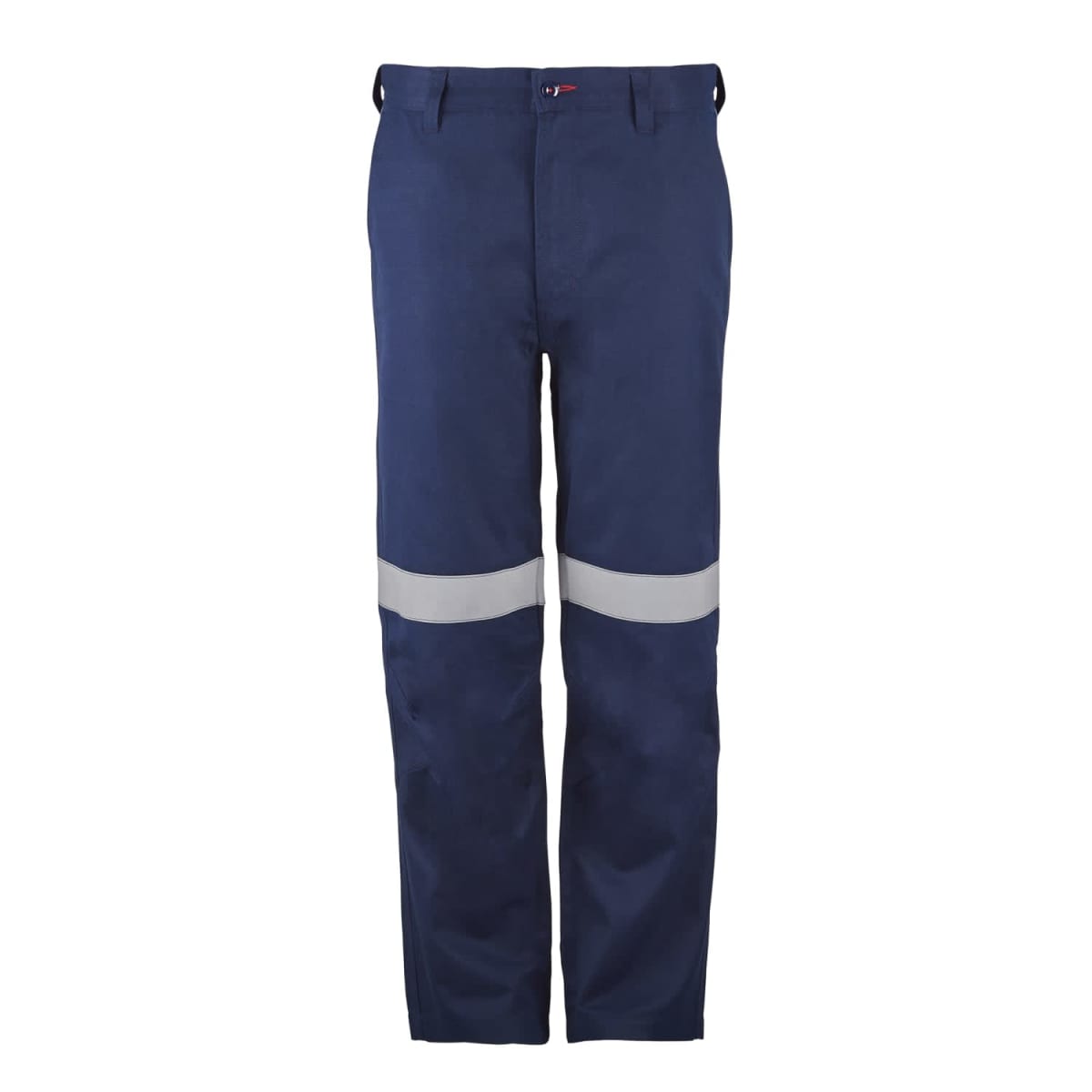Blue safety pants with reflective stripe around knees, shown against a white background.