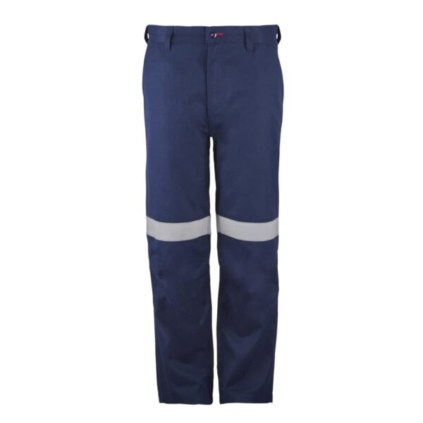 Blue work trousers with reflective bands on the knees.