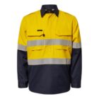 Yellow and black high-visibility work shirt with reflective bands and chest pockets.