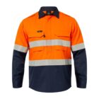 Orange and navy high-visibility work shirt with reflective bands on the chest and sleeves.