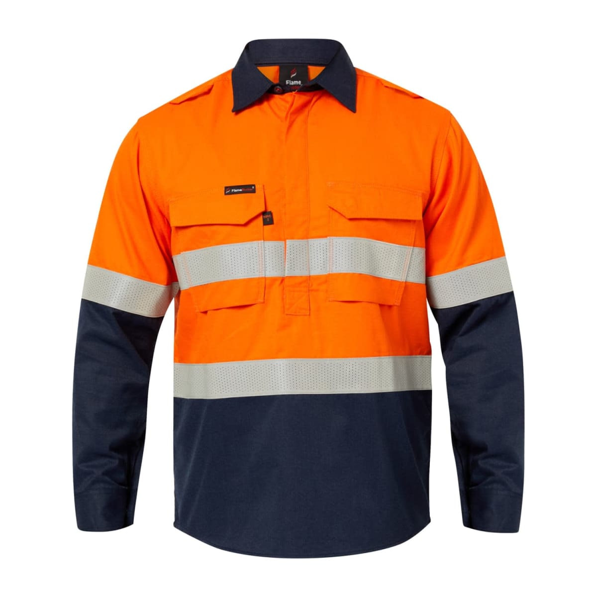 Orange and navy high-visibility work shirt with reflective bands on the chest and sleeves.