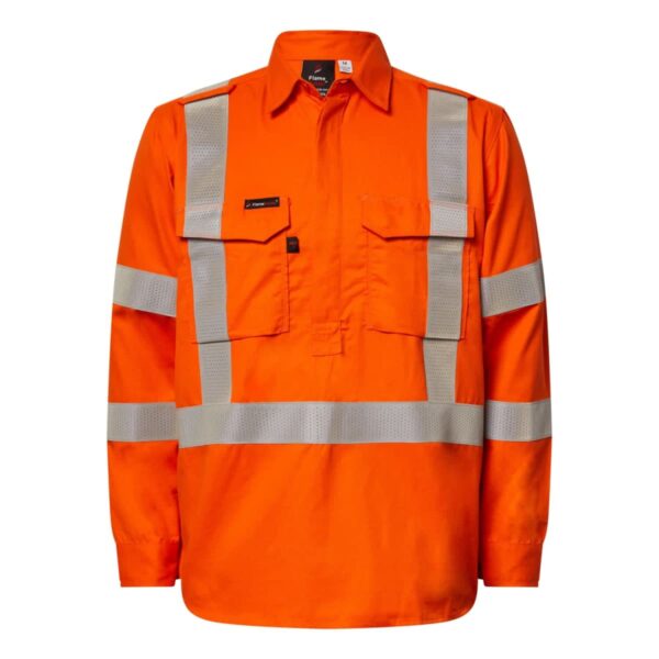 Orange high-visibility work shirt with reflective silver stripes.
