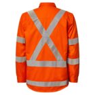 Orange safety shirt with reflective silver X and stripes on the back.