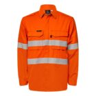 Orange safety shirt with reflective stripes and front pockets.