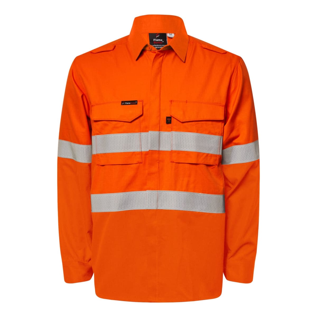 Orange safety shirt with reflective stripes and front pockets.