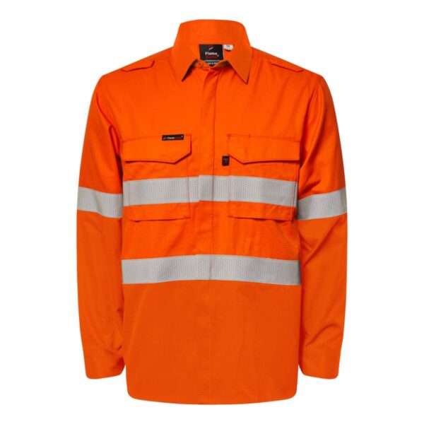 Orange high-visibility work shirt with reflective bands on sleeves and chest pockets.