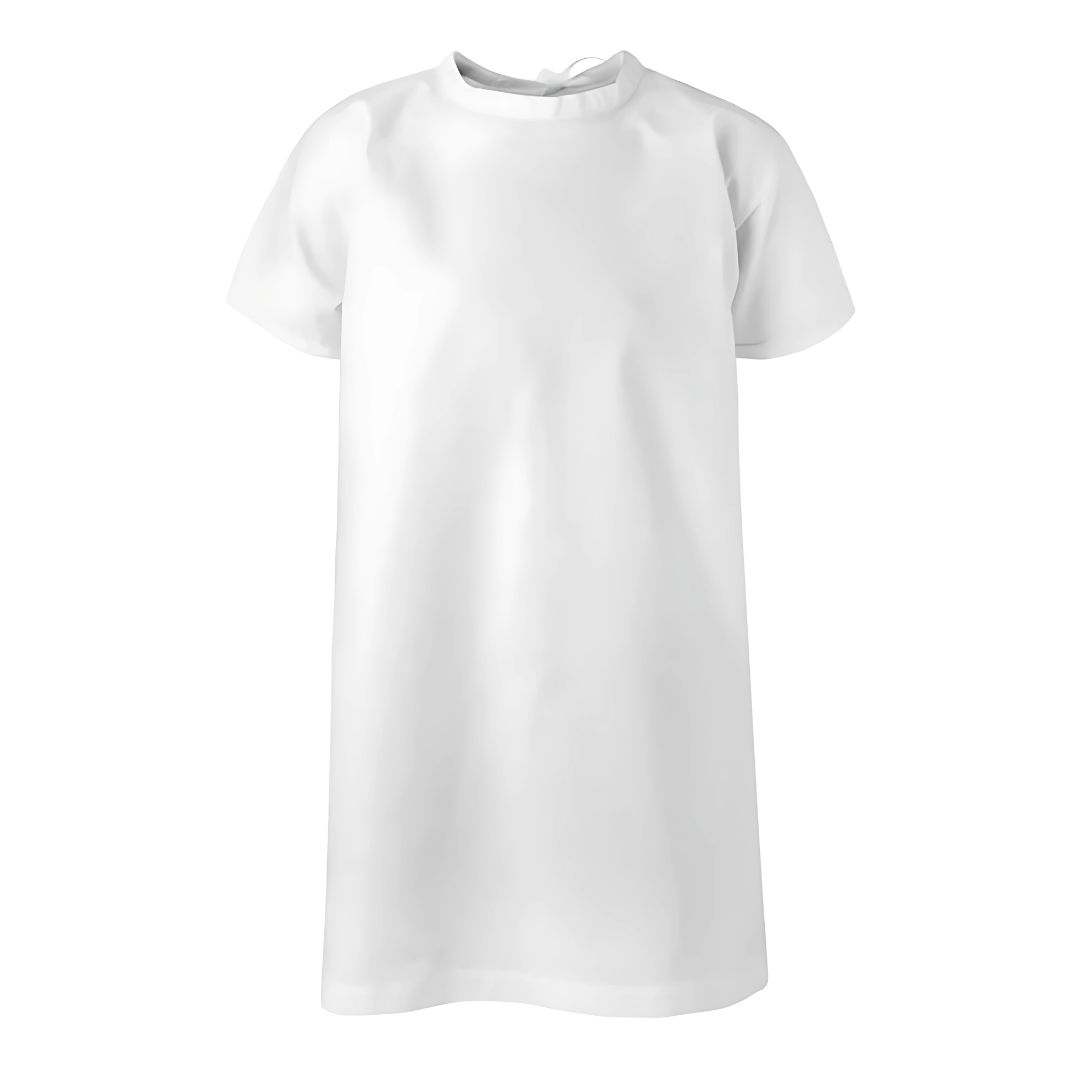 White short-sleeve dress with a minimalist style like Harlech Childrens Patient Gowns.