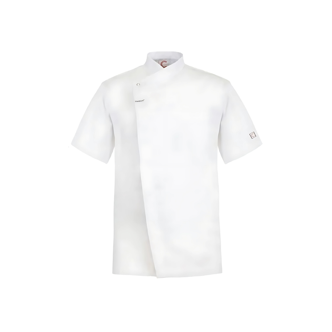 Larne Chefs Tunics Short Sleeve with asymmetrical front and stand collar.