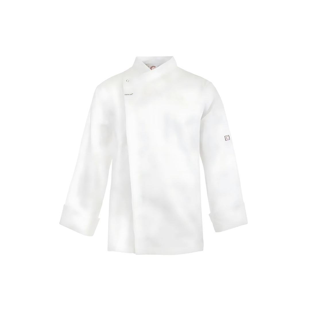 Lurgan Chefs Tunics Long Sleeve with a standing collar, isolated on white background.