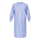 Blue long-sleeved medical gown against a white background.