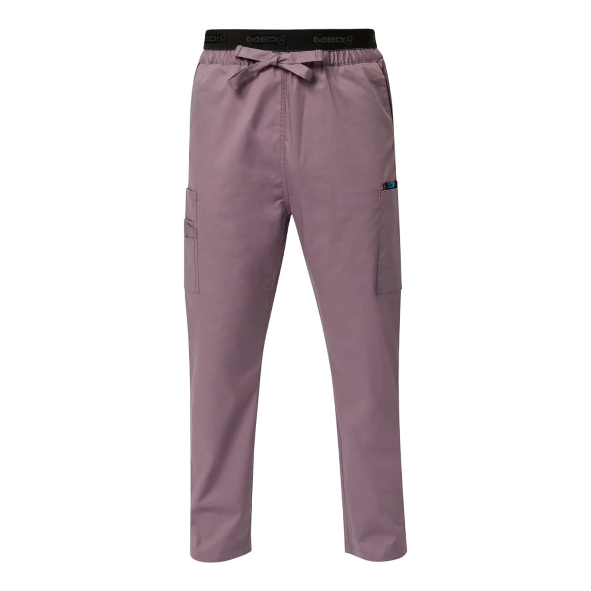 Purple cargo pants with a black waistband and side pockets.