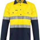 Yellow and navy work shirt with reflective silver stripes and buttoned pockets.