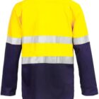 Yellow and navy high-visibility jacket with reflective stripes, seen from the back.