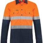 Orange and navy work shirt with reflective horizontal stripes and long sleeves.