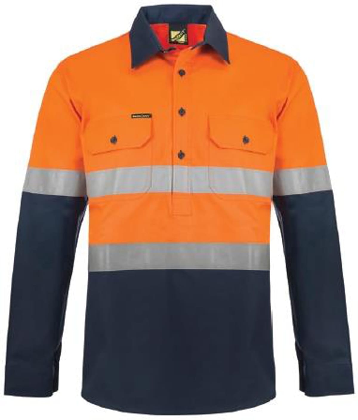Orange and navy work shirt with reflective horizontal stripes and long sleeves.