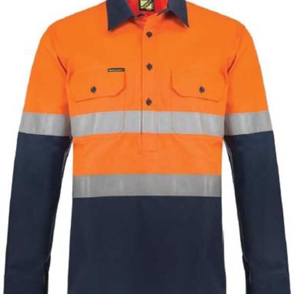 Orange and navy high-visibility work shirt with silver reflective stripes.