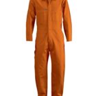 Orange coverall with long sleeves and a front zipper, displayed on a white background. It features several pockets and is paired with black boots. The ensemble is styled to appear as though it is being worn by an invisible figure.