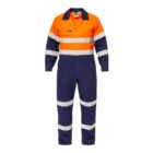 Orange and navy blue high-visibility coverall with reflective stripes. The top section is orange with a horizontal stripe, and the bottom is navy blue with vertical stripes on the arms and legs.