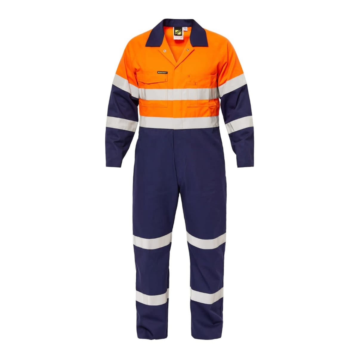 Orange and navy blue high-visibility coverall with reflective stripes. The top section is orange with a horizontal stripe, and the bottom is navy blue with vertical stripes on the arms and legs.