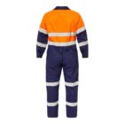 A rear view of a high-visibility coverall with an orange top and navy bottom. It features reflective horizontal stripes on the torso and legs, and reflective bands on the sleeves.