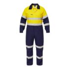 Yellow and navy blue coveralls with reflective silver stripes around the chest, arms, and legs. The outfit has a zipper down the front, long sleeves, and a collar. Suitable for industrial work environments.