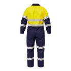 A high-visibility coverall viewed from the back, featuring a yellow upper section and dark blue lower section. It has reflective stripes on the arms, waist, and legs for safety.