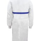 White lab coat with blue back belt, back view.