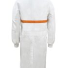 Back view of a white lab coat with an orange horizontal stripe.