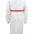 Back view of a medical white lab coat with a red belt detail.