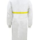 White lab coat with yellow horizontal stripe on the back.