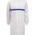 White lab coat with a blue horizontal stripe across the chest.