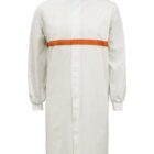 White lab coat with an orange stripe across the chest and long sleeves.
