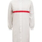 White lab coat with a horizontal red stripe across the chest and long sleeves.