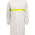 White lab coat with a yellow horizontal stripe and long sleeves.