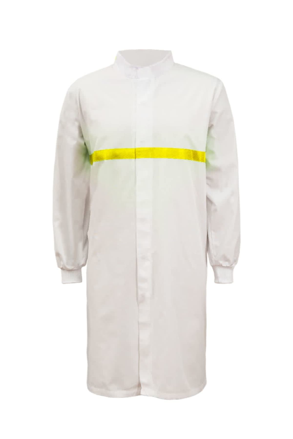 White lab coat with a yellow horizontal stripe and long sleeves.