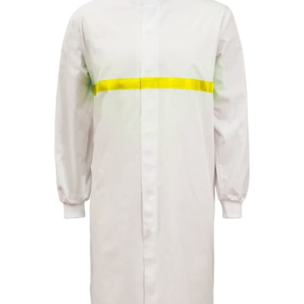 White lab coat with a yellow horizontal stripe across the chest.