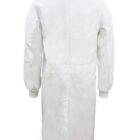 White long-sleeve lab coat with a red collar, shown from the back.