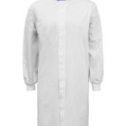 A long-sleeved white lab coat with a blue-collared neckline, buttoned down the front.