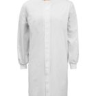 White lab coat with orange trim on the collar, buttoned front, and long sleeves.