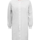 White long-sleeve coat with red collar detail, buttoned front.