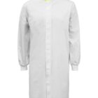 White lab coat with a yellow-trimmed collar and buttoned long sleeves.