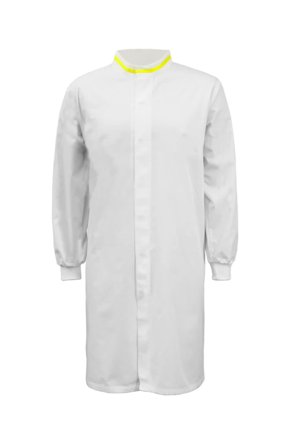 White lab coat with a yellow-trimmed collar and buttoned long sleeves.