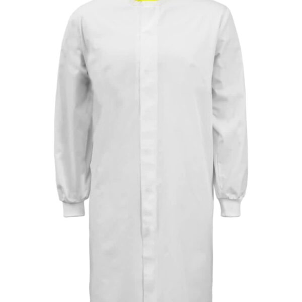 White laboratory coat with a yellow collar stripe, front view.