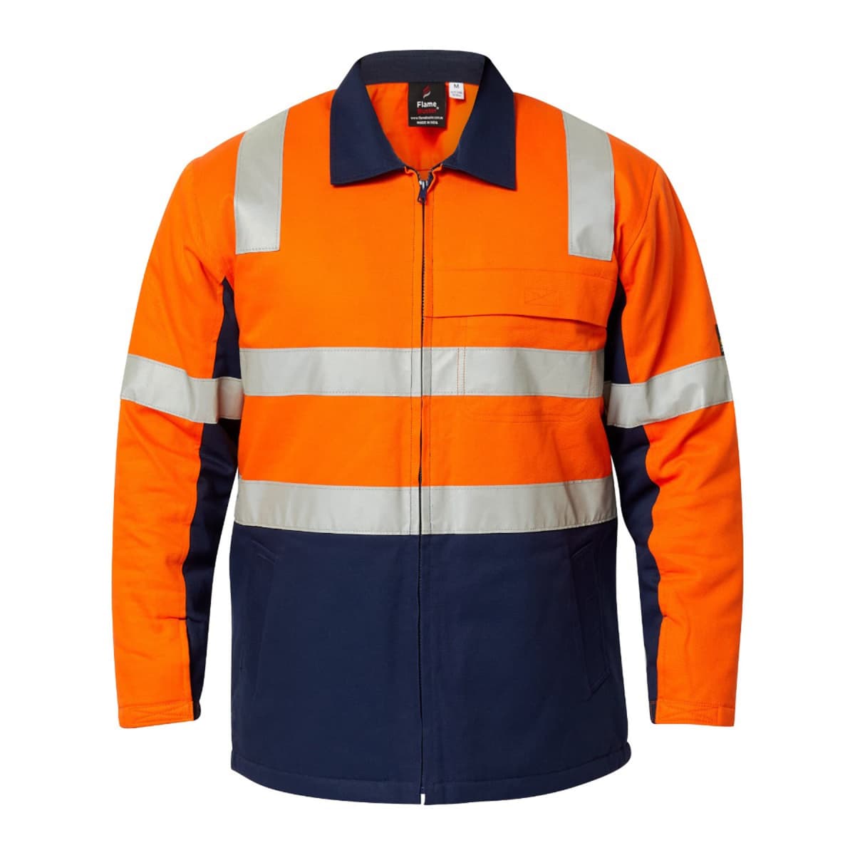 High-visibility jacket with orange and navy sections and reflective stripes.