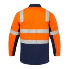 Rear view of a high-visibility jacket with orange, reflective stripes, and navy bottom half.