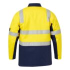 Yellow and navy high-visibility jacket with reflective silver stripes, displayed from the back.