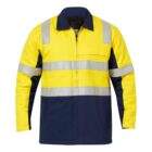 Yellow and navy high-visibility jacket with reflective stripes on sleeves and torso.