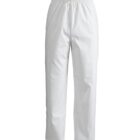 White drawstring pants with an elastic waistband. The pants have a straight leg design and side pockets, creating a casual and comfortable appearance.